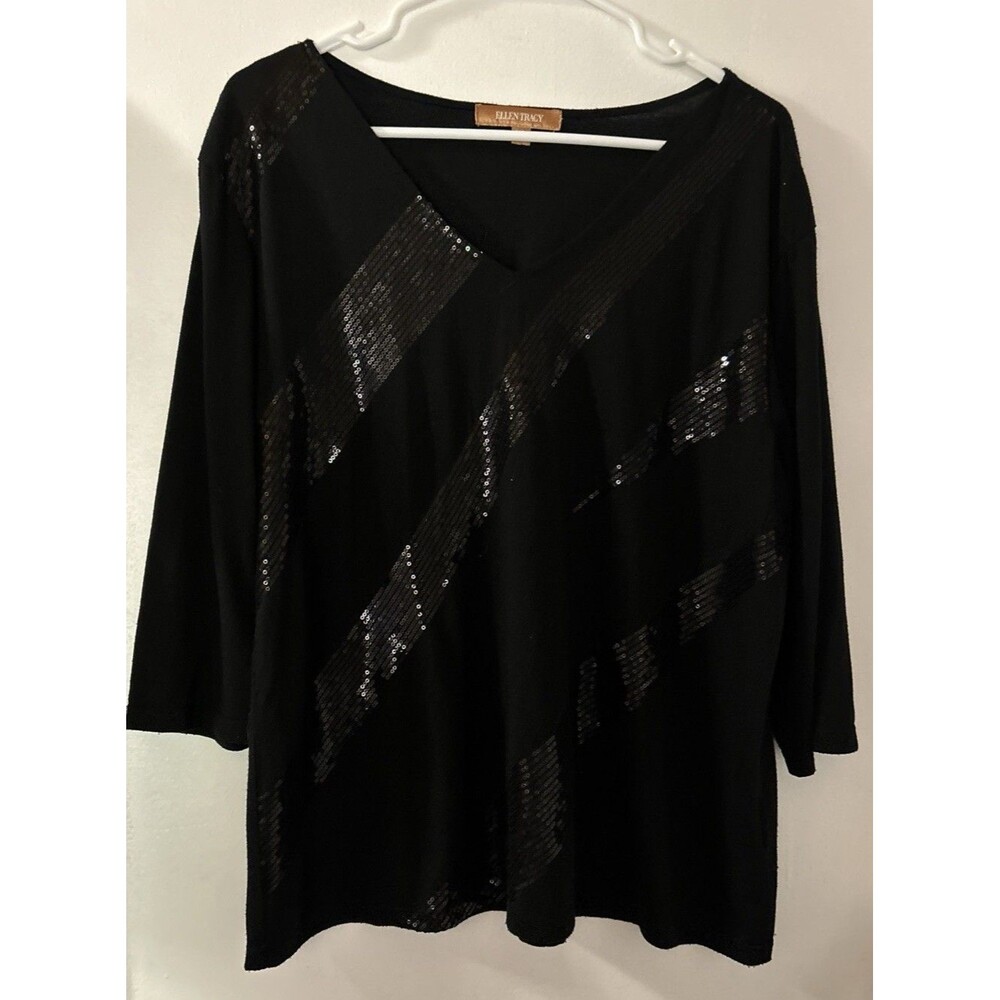 Ellen Tracy Woman’s Top Black With Sequins XL Great Holiday Top! 3/4 Sleeves